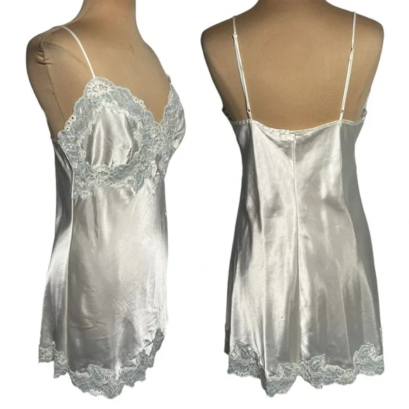 90’s Victoria’s Secret Silky Slip Dress Chemise Robe Set Bridal Set ivory blue L - Picture 5 of 11